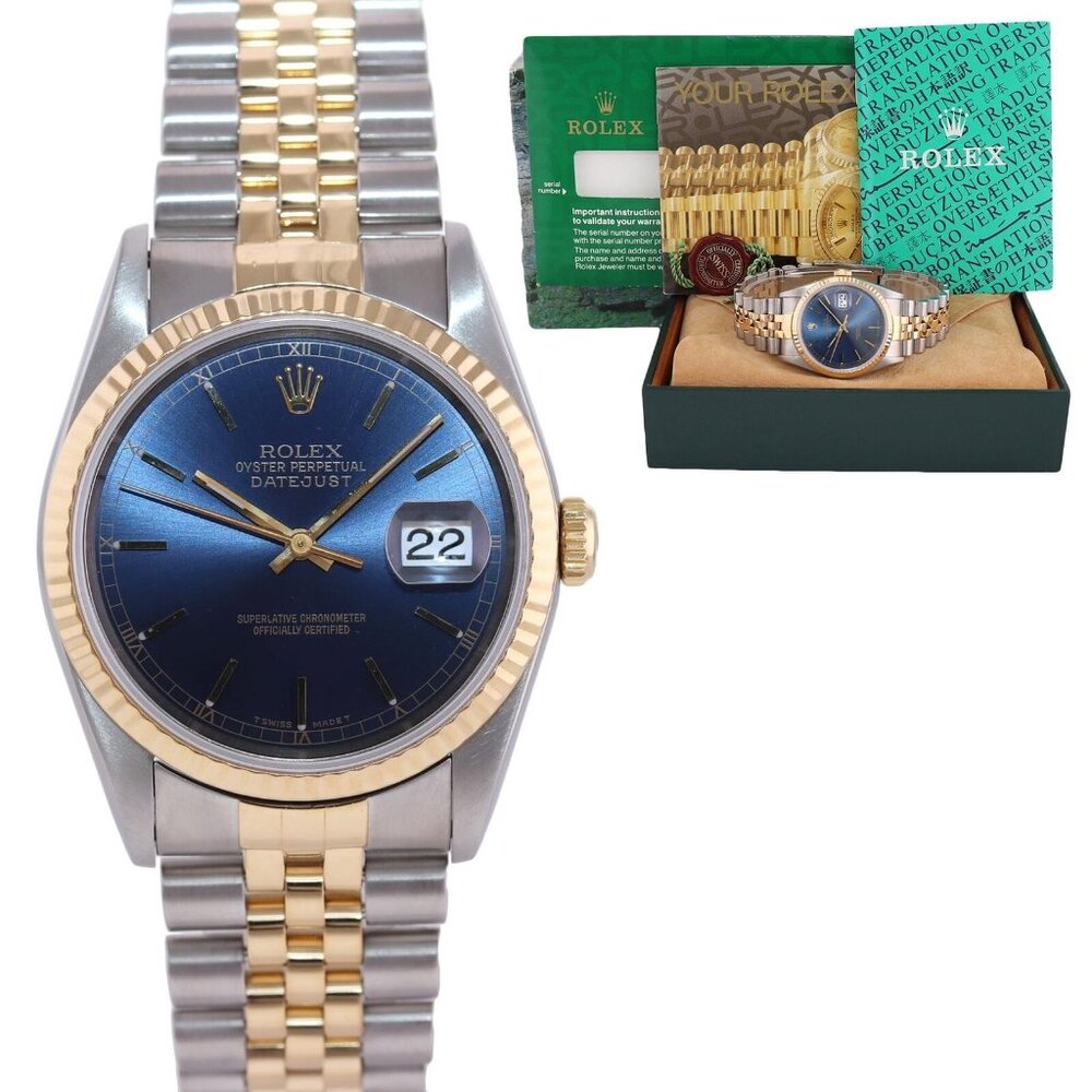 Rolex 36mm Blue Face Two Tone Watch W/ Cards and Box